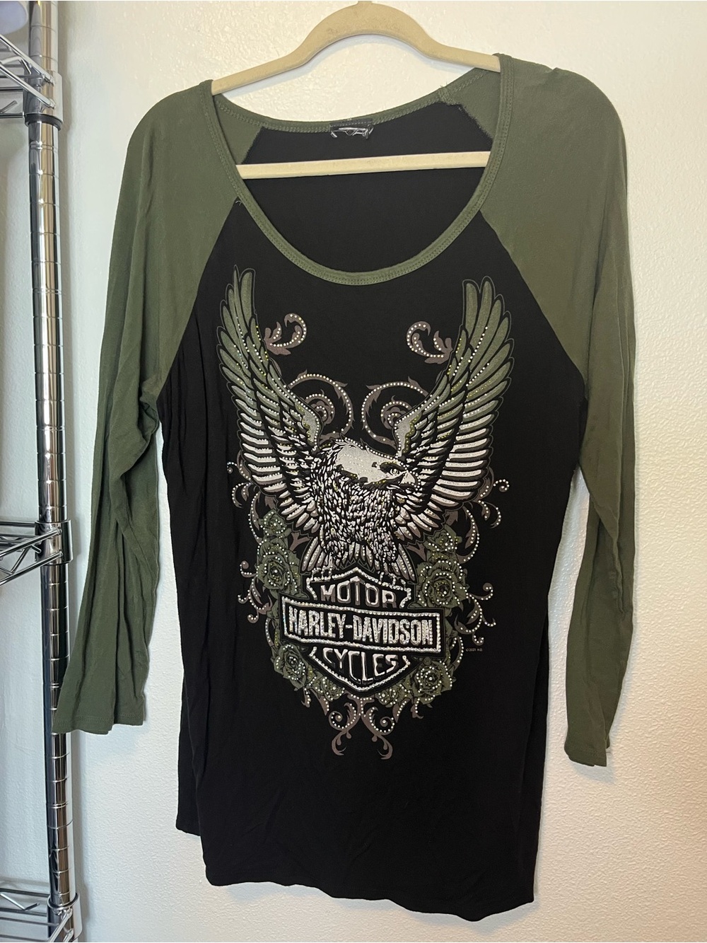 Harley-Davidson Black & Olive Green Eagle Graphic Raglan Long Sleeve Top